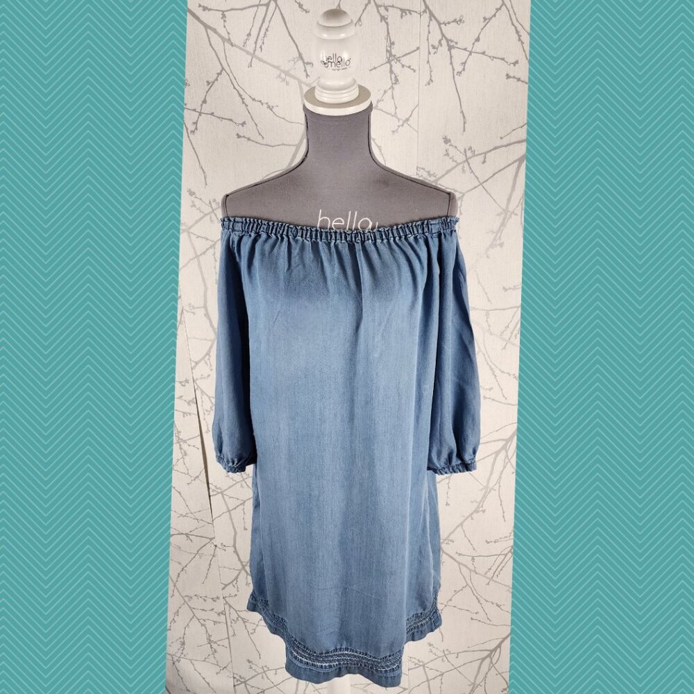 Standard Grace Blue Chambray 100% Tencel Off Shoulder Shift Dress
